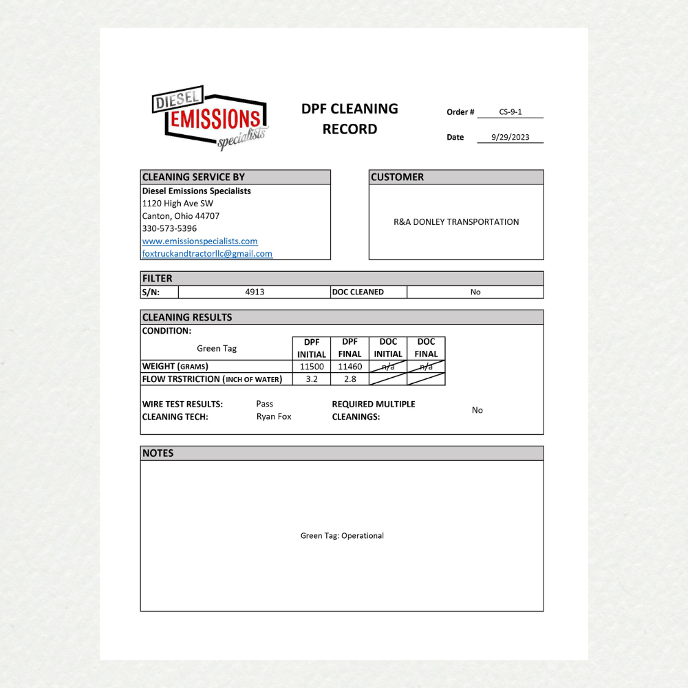 dpf filter testing record